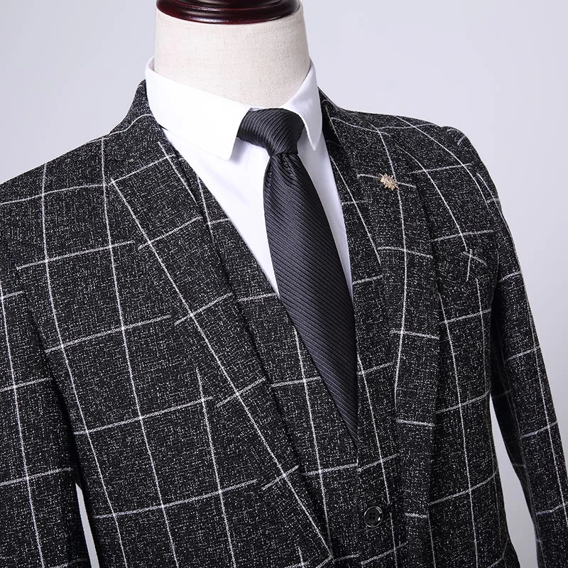 Men's Boutique Three-Piece Suit Set Checkered Stripes Vest Trousers Handsome Trend Leisure Business Casual Wear 2025 New