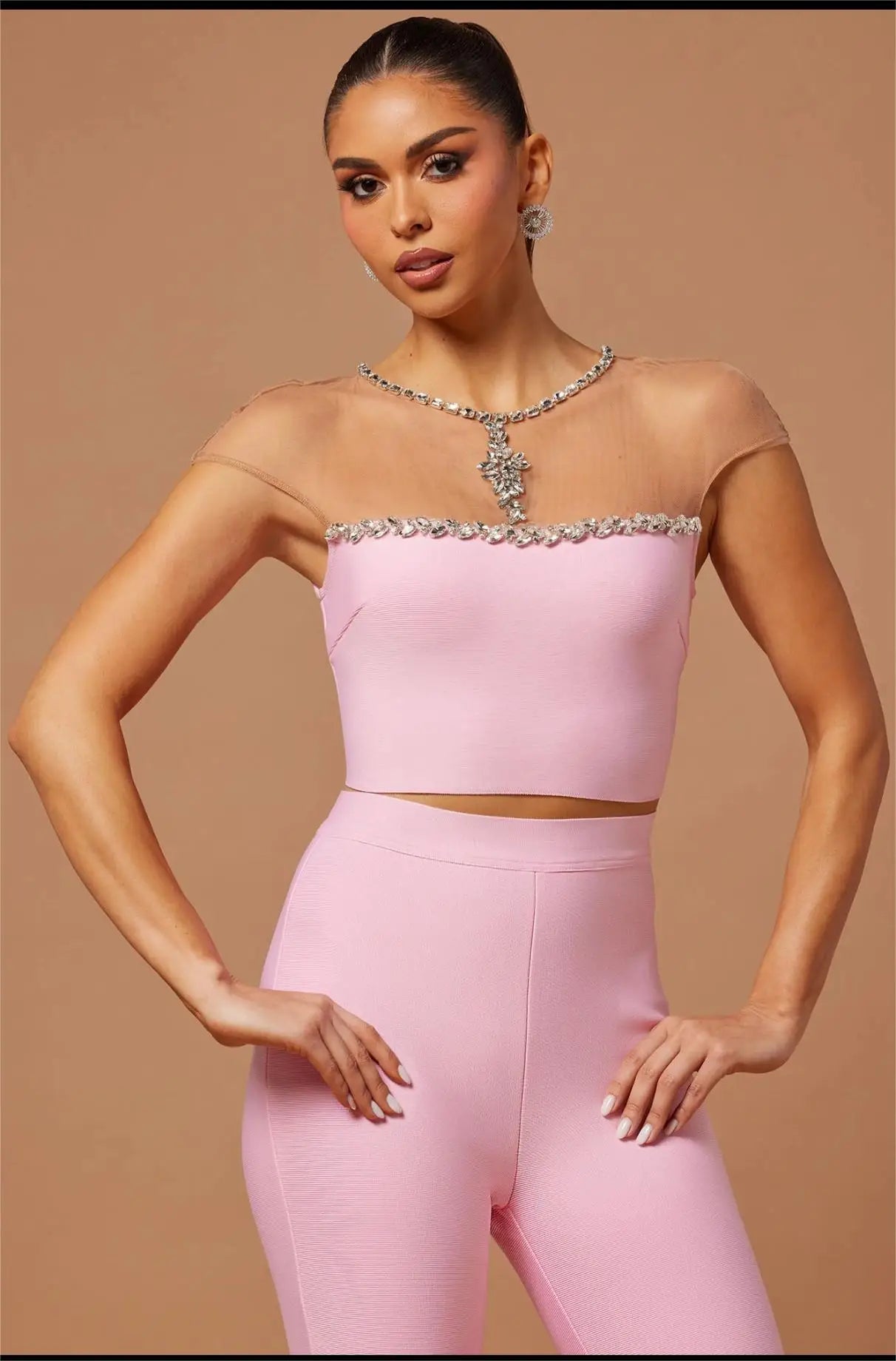 2023 New Fashion Pink Color Women Sexy Mesh Crystal Tops Bandage Pants 2 Pieces Bodycon Set High Street Evening Party Set