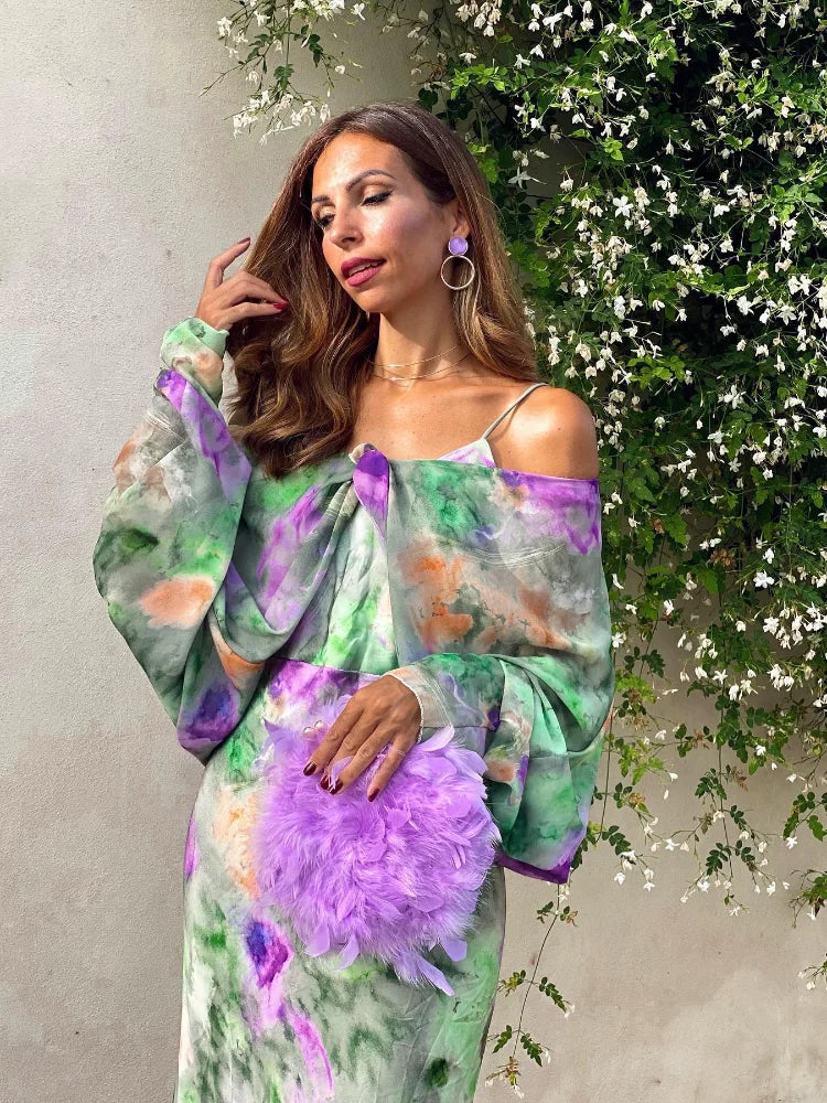 Women's Detachable Sleeves Beach Maxi Dress Sexy Backless Tie Dye Sling Dress 2024 Summer Ladies High Waist Long Robes