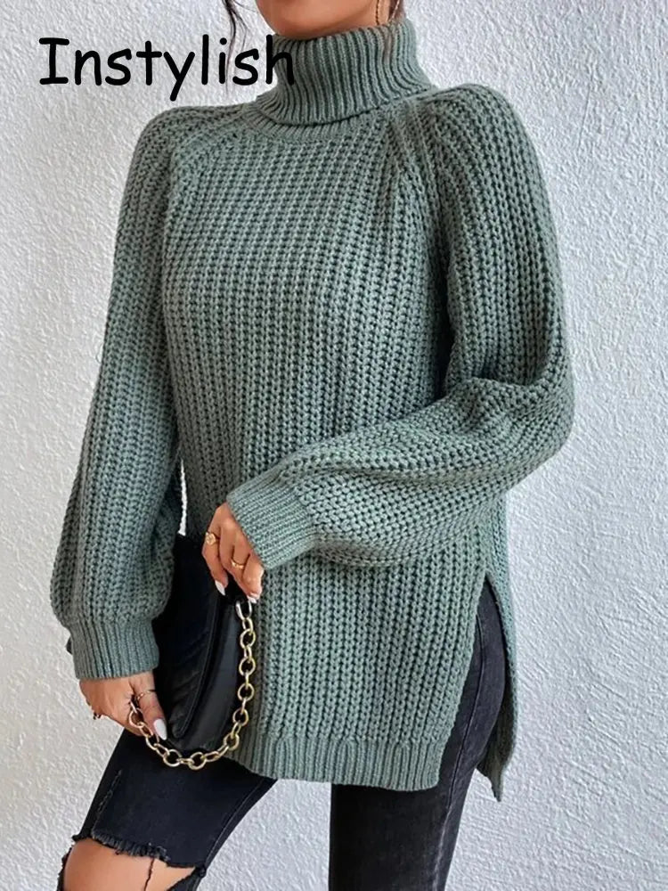 Women Winter Turtleneck Loose Sweater Elegant Drop Sleeve Side Split Pullover Vintage Harajuku Chic Jumpers Oversized knit Tops