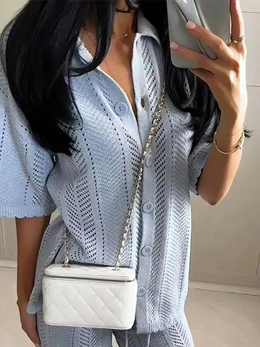 Casual Knit Pants Suits Women Lapel Short Sleeves Hollow Out Single Breasted Outfits Female 2025 Summer Elastic Waist Sets Lady