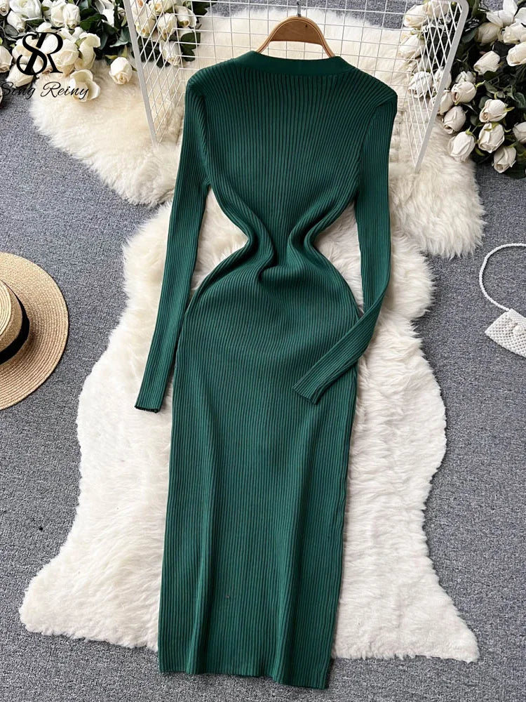 SINGREINY Winter Slim Design Knitted Dress V Neck Single Breasted A Line Split Midi Dress Long Sleeve Women Sweater Long Dress