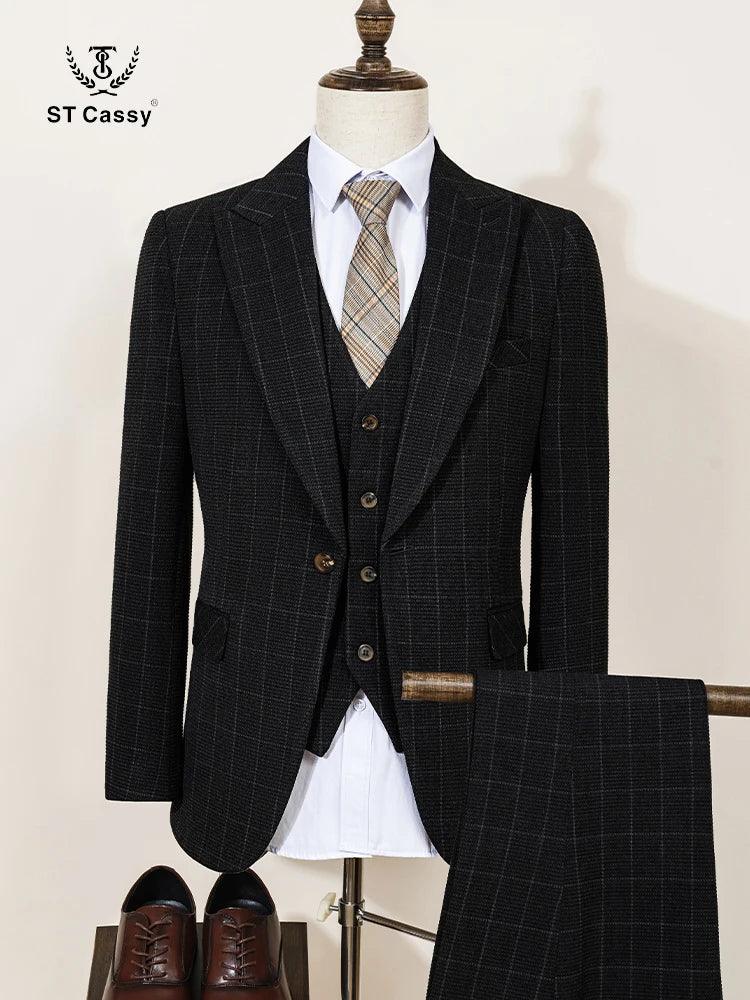 ST Cassy High Quality Men's Plaid suit Slim Fit Male Groom Wedding Blazers evening gown（jacket+Vest+Pants）