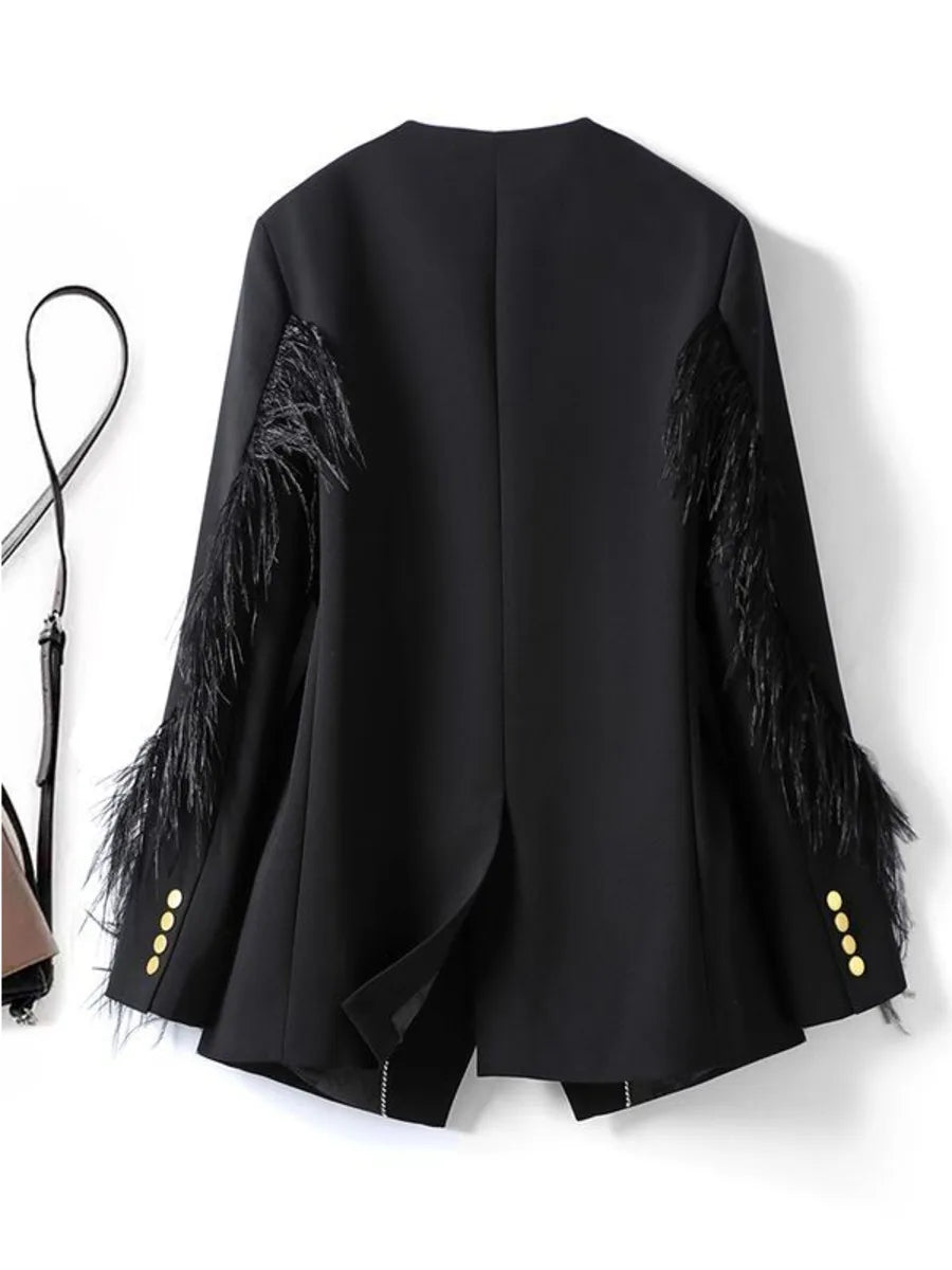 Woman Vintage V-collar Feather Tassel Stitching Blazer Coat Black Loose Suit Jacket Female Long Sleeve Fur Patchwork Outerwear