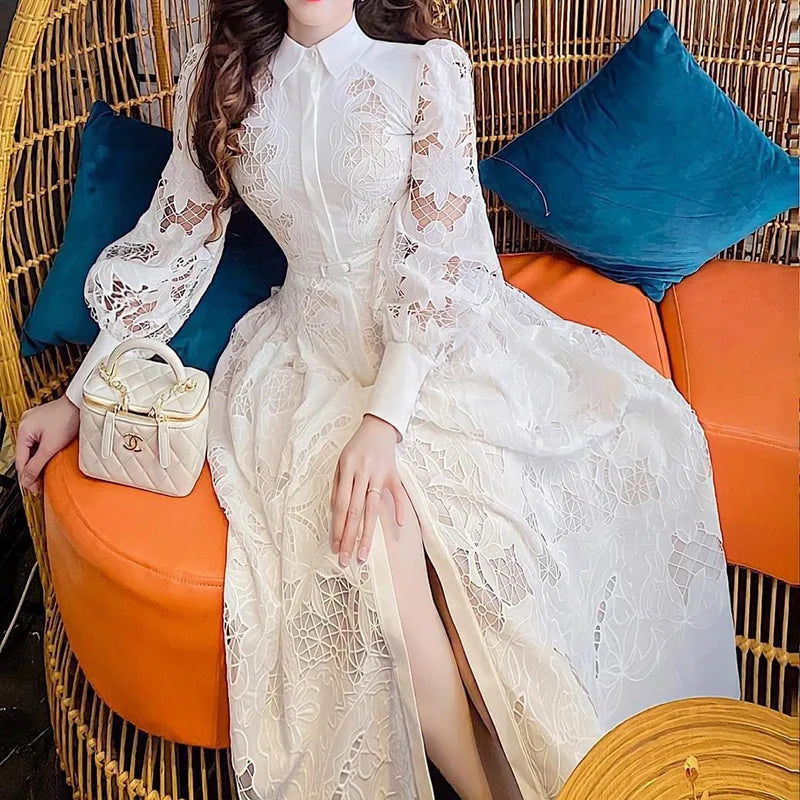 2023 New Luxury Women Lace Embroidery Dress Spring Summer Long Sleeve White Wedding Evening Party Hollow Out Vestido Dresses