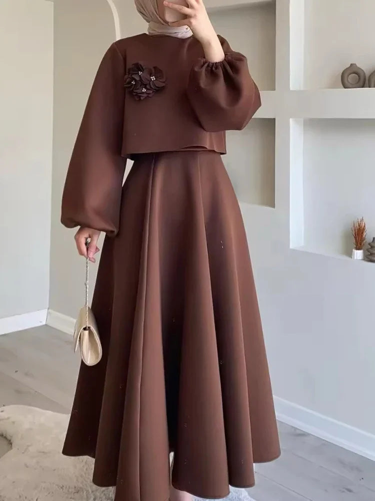 Ramadan Elegant 2 pièces Set Femmes Lanterne à manches à manches coulées Haute taille A-line jupe Suit 2024 Spring Lady Abaya Turkey Sett