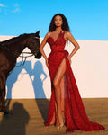 2024 New Arrival Red Color Women Sexy Strapless Shinning Sequins Floor-lenght Dress Wedding Party Celebrate Prom Dress Vestido