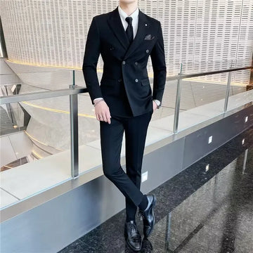Smart Casual 2 Pieces Men Suits Set New Men's Formal Business/Wedding Groom Tuxedos Peak Lapel Double Breasted Blazer Pants