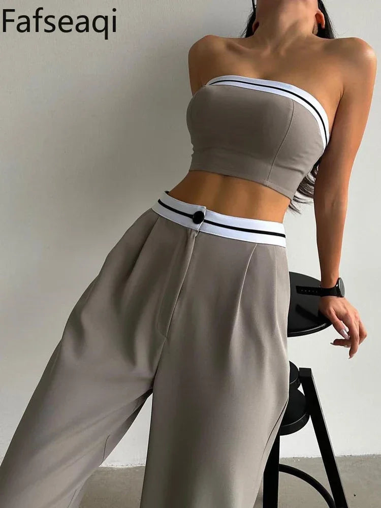 Black Women's Tracksuit with Boob Tube Top Slash Neck Contrast Color Wide Leg Trousers Suit for Women Sexy Two Piece Set Outfit