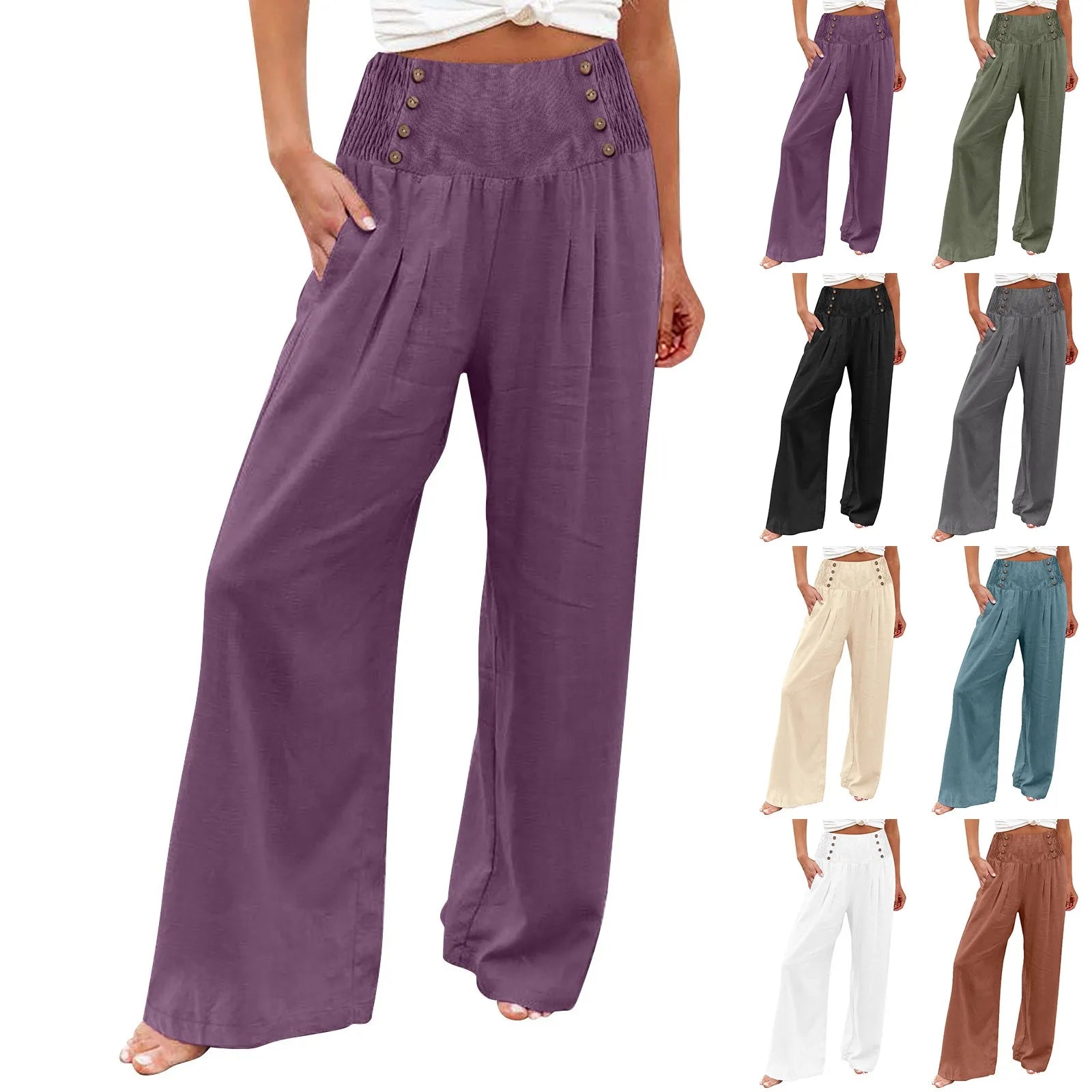 Summer Cotton Linen Wide Leg Pants Women Loose Palazzo Pant Pocket Elastic Waist Button Casual Pants