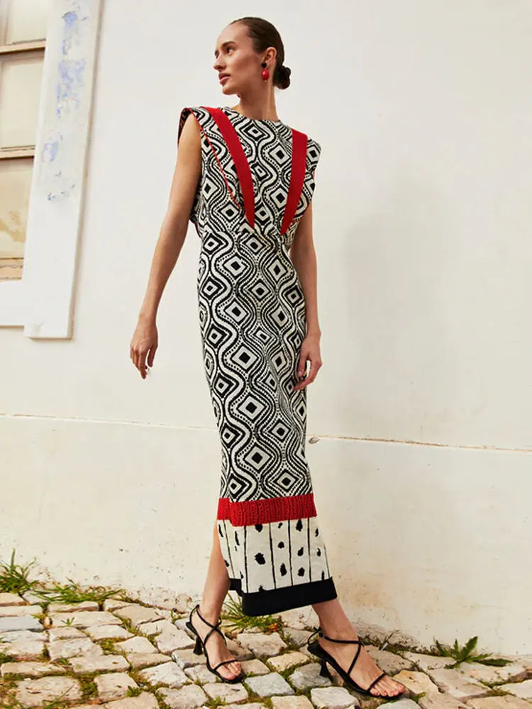 Women Elegant Printed Round Neck Long Dress Fashion Flying Sleeves High Waist Color Block Dresses Summer Vacation Street Robes