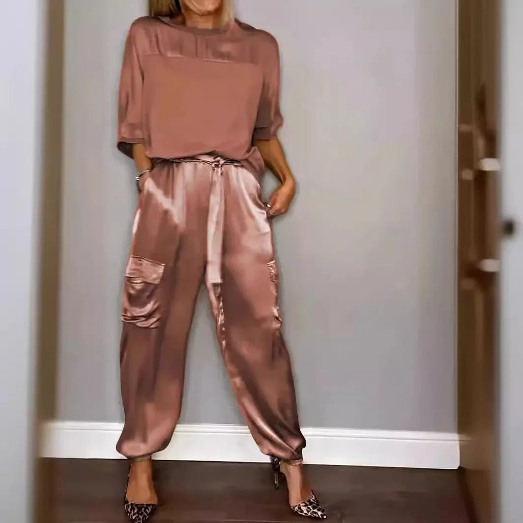 Summer Satin 2 Piece Set Women Casual Solid Color 2 Piece Outfit Half Sleeve Tops Loose Fit Pants Suit Two Piece Sets