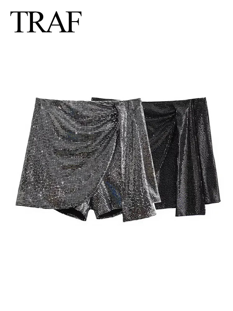 Traf 2024 Nuove donne con paillettes nere Mini gonne Gonna in fit in fitta per donna Lace Up Y2K Skirt Vintage Chic Streetwear