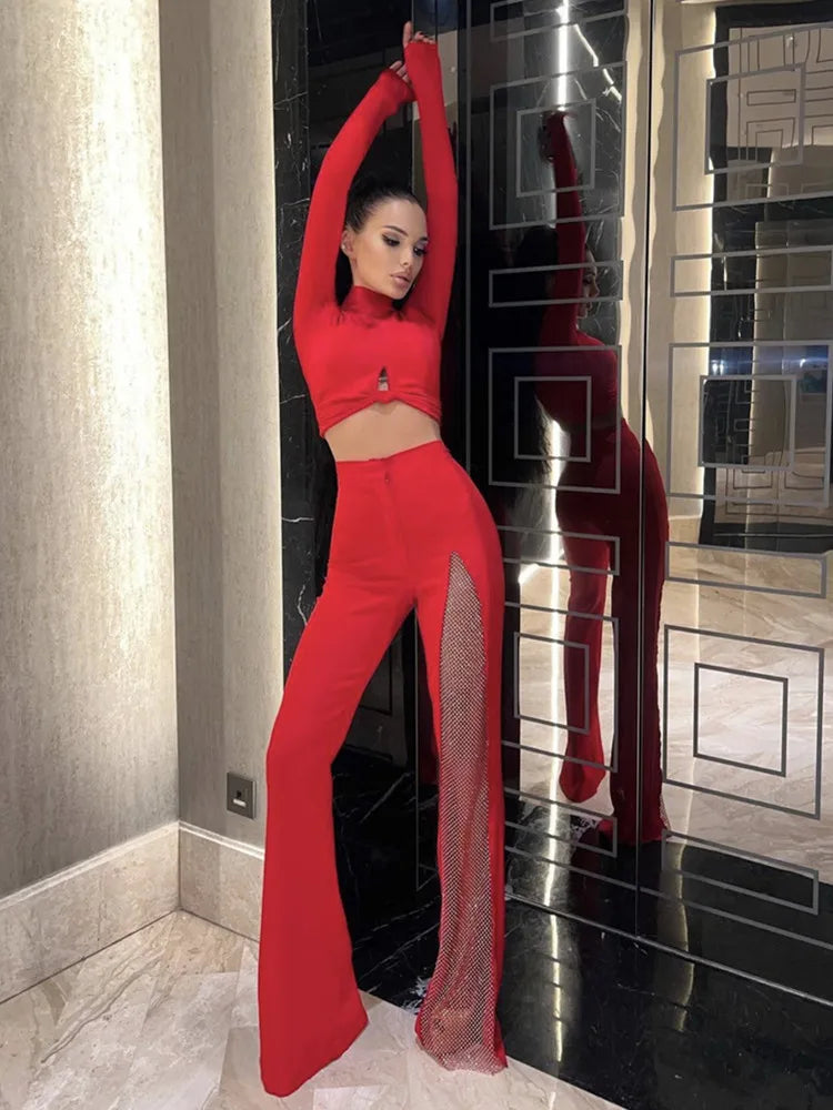 Black Red White New Summer Women Rayon Bandage Sexy Wide Leg Pants Fashion Diamond Keyholes Celebrity Wear Full Length Pant