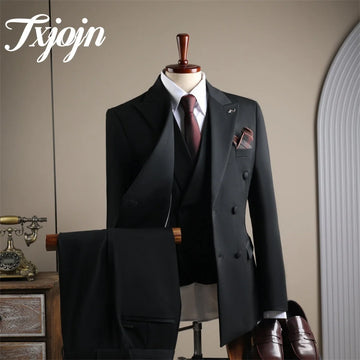 Hot Selling Double Breasted Men Suit 3PCS For Groom Elegant Men Suit Formal Peak Lapel Men Suit Formal Slim Suit For Business