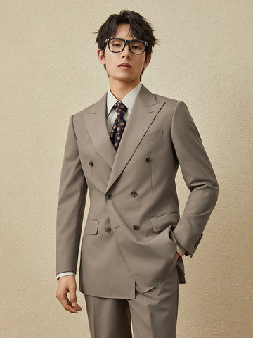 Men's 30% Wool Suit Set - Brown Double-Breasted Wedding Tuxedo for Groom, Premium Business Formal Blazer & Dress Pants