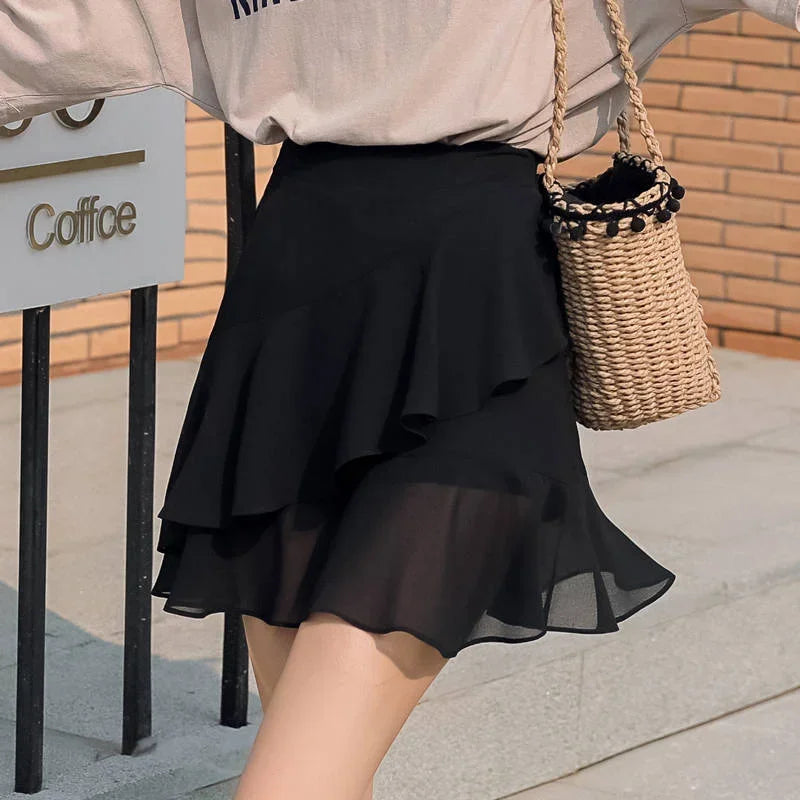 Womens Skirt Ruffle Skirts for Women Black Beach Clothing Chiffon Fashion Premium Luxury A Line Summer 2024 New in Korean Style