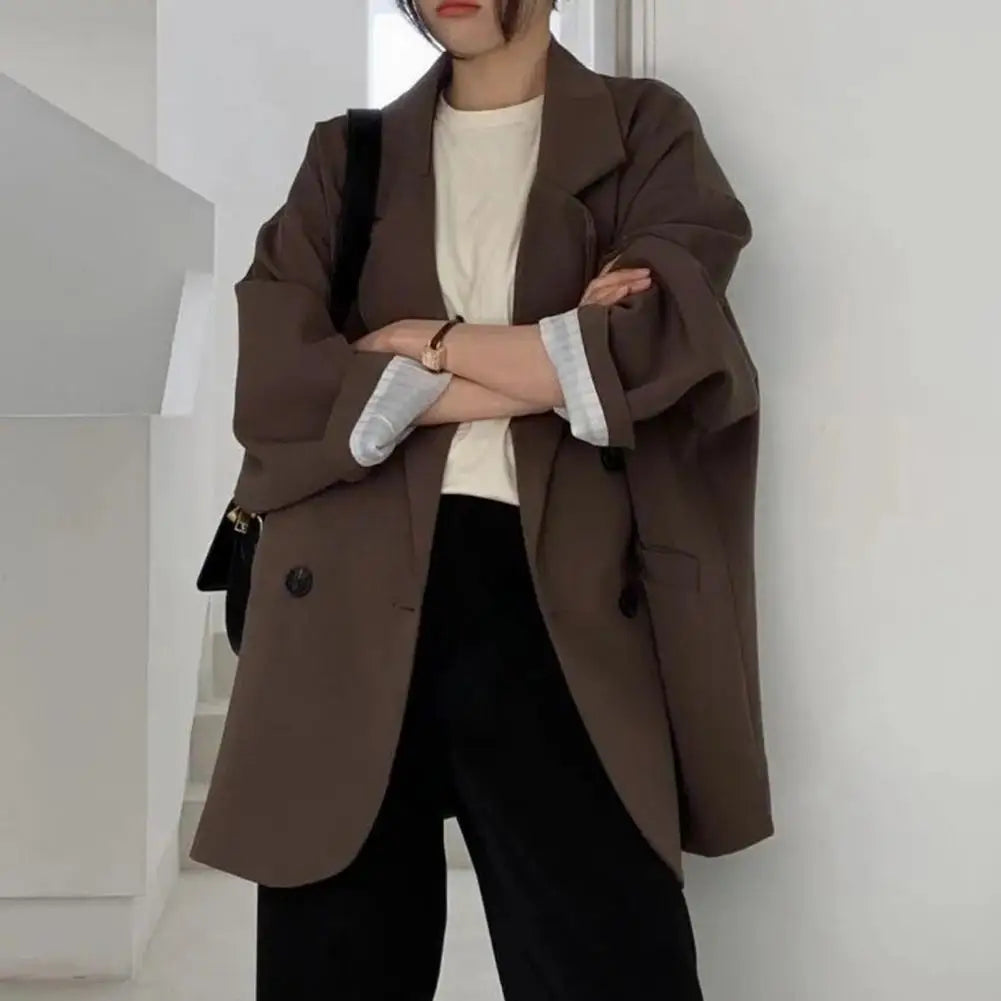 Notched Collar Business Blazer Suit Coat Korean Long Sleeves Pockets Double-breasted Oversized Women Blazer Jackets Suit Coat