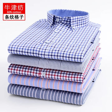 New Cotton Non Ironing Casual Men's Long Sleeved with Wrinkle Resistance Slim Fit Checkered Stripe Shirt Formal Work Clothes
