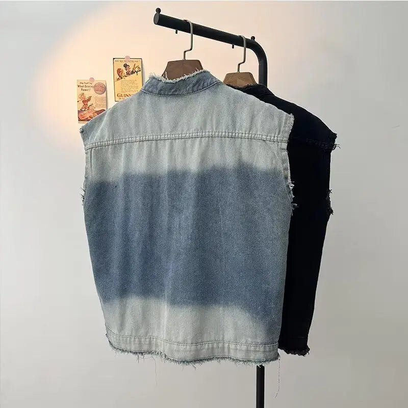 Summer New Arrivals Men's Denim Vest Jacket Retro Style Trendy Handsome Sleeveless Jacket Loose Shawl Collar Jean Outerwear