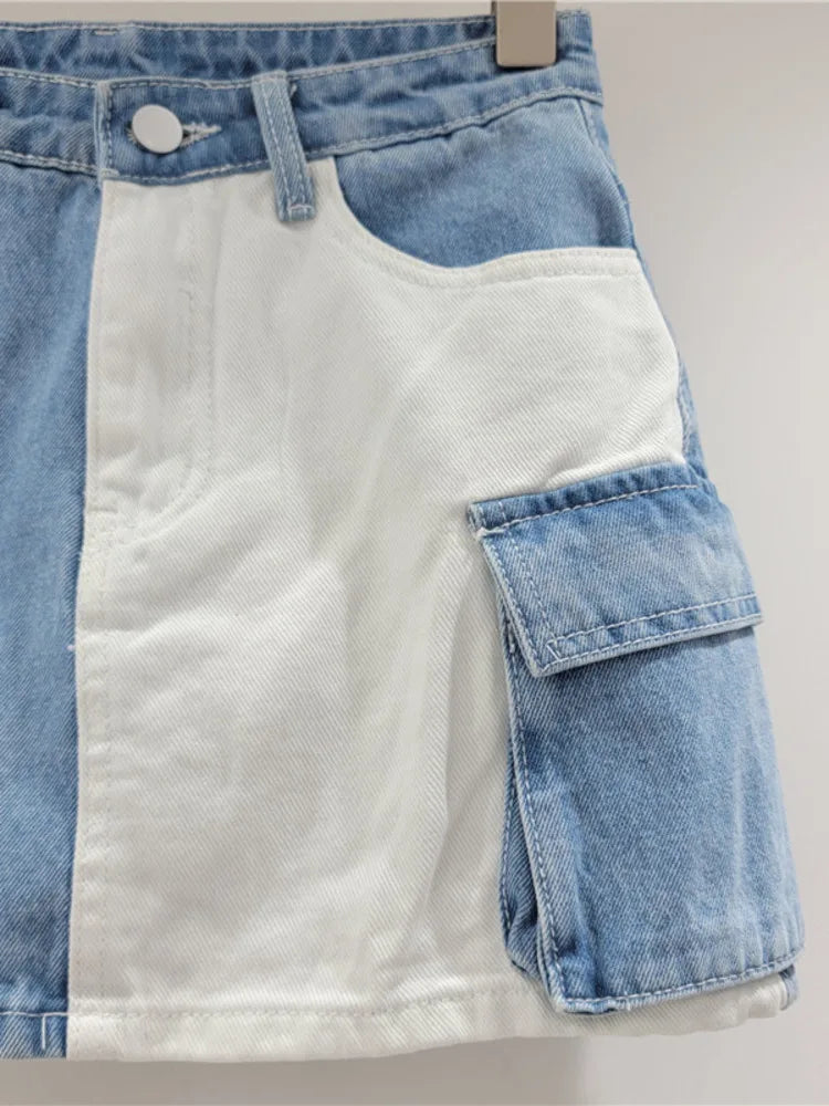DEAT Women's Denim Skirt Contrast Color Patchwork Big Pockets Wrap Hip A-line Cargo Mini Skirt 2024 Summer New Fashion 29L6817