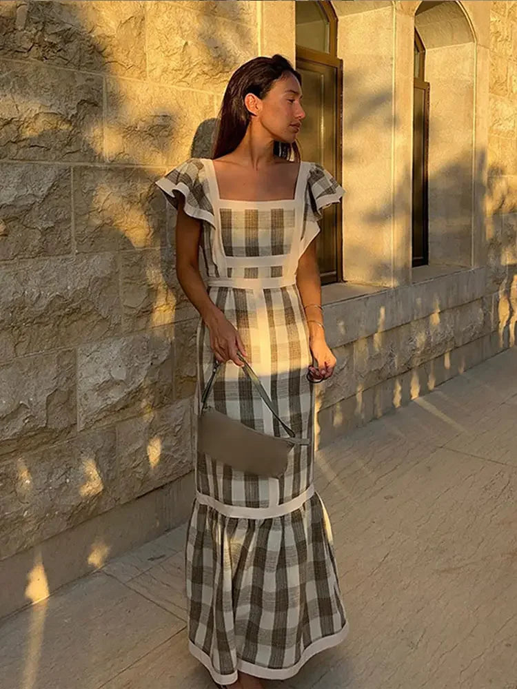 Vintage Plaid fliegende Ärmel Schulter Midi Kleid elegant Spleiß