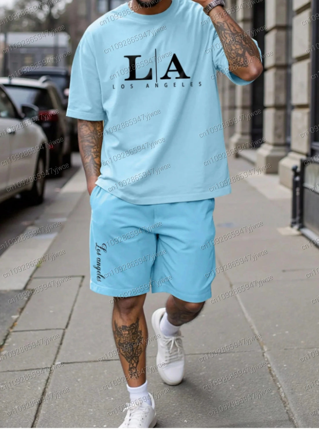 Men's Los Angeles Print Short Sleeve T-Shirt & Shorts Set Round Neck basketball  Short Sleevedomen's T-shirt Shorts Set