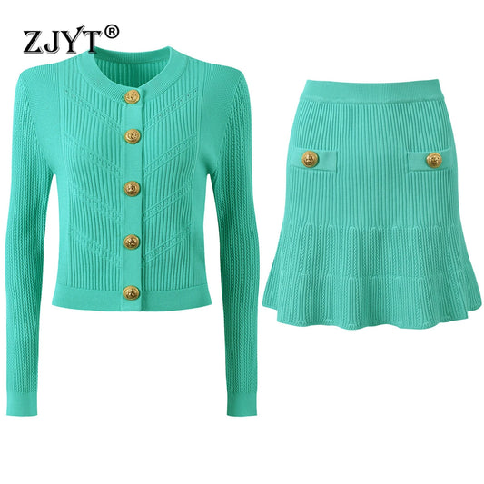 ZJYT Fashion Spring 2025 Long Sleeve Cardigan Sweater Skirt Set 2 Pieces Womens Outfit Knitting Dress Sets Casual Party Suits