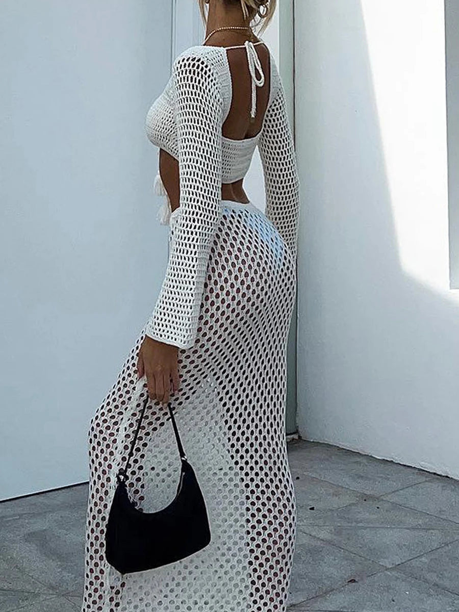 Women's Summer 2PCS Outfit Sets Long Sleeve Tie Up Crop Tops + White Long Knit Hollow Skirt