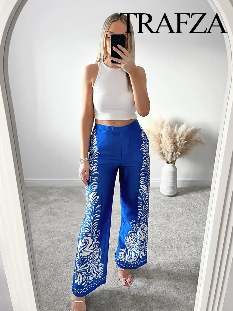 TRAFZA Women Pants Set Print Turn-Down Collar Long Sleeves Single Breasted Casual Shirts+High Waist Pocket Zipper Wide Leg Pant