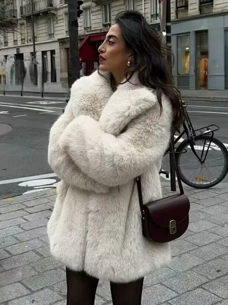 TRAFZA Female Fashion Solid Faux Fur Effect Long Sleeve Cardigan Coat Winter Women's Loose High Street Pockets Overcoat Mujer