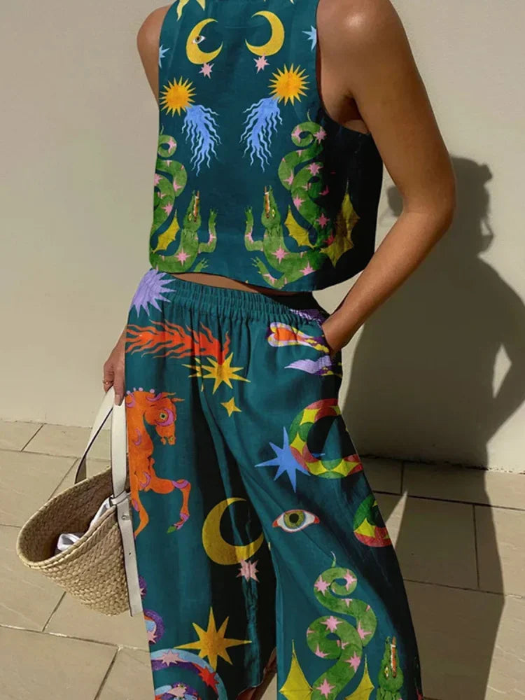 Casual Printed Pant Suits For Women Vintage Crew Neck Sleeveless Vest High Waist Loose Trouser Sets Female Beach Holiday Outfits