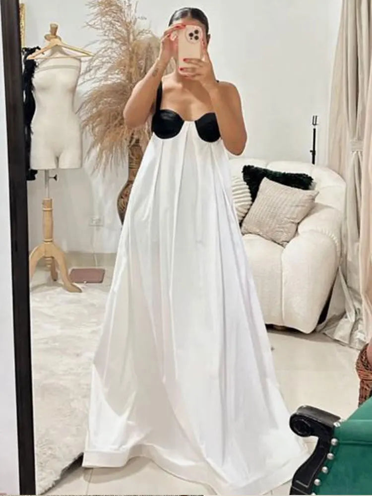 Women Fashion Color Matching Halter Maxi Dress Ladies Sexy Backless Off Shoulder Sleeveless Dresses Female party Holiday Robes