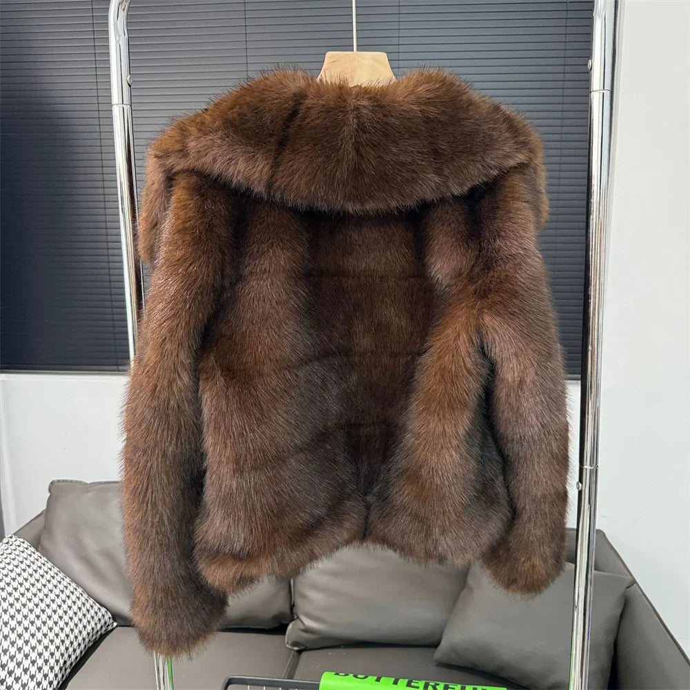 Brown Women Faux Sable Fur Jacket Oversized Lapel Long Sleeve Warm Fluffy Coats 2024 Winter Female Loose Streetwear Outwears