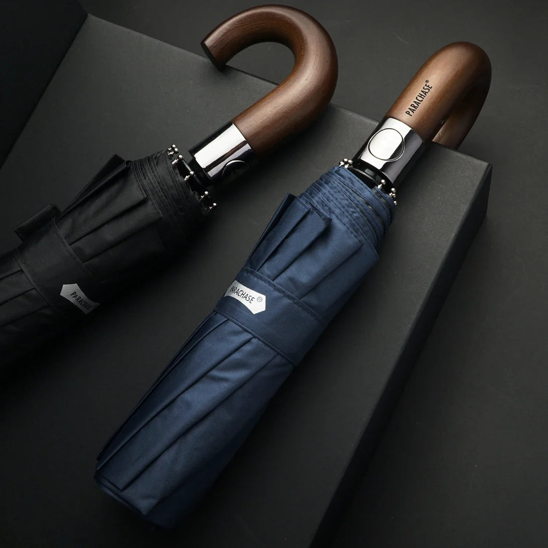 Parachase Automatic Folding Umbrella Wooden Handle, UV Protection Sun Umbrella, 10 Rib Windproof Compact Umbrella Man Woman