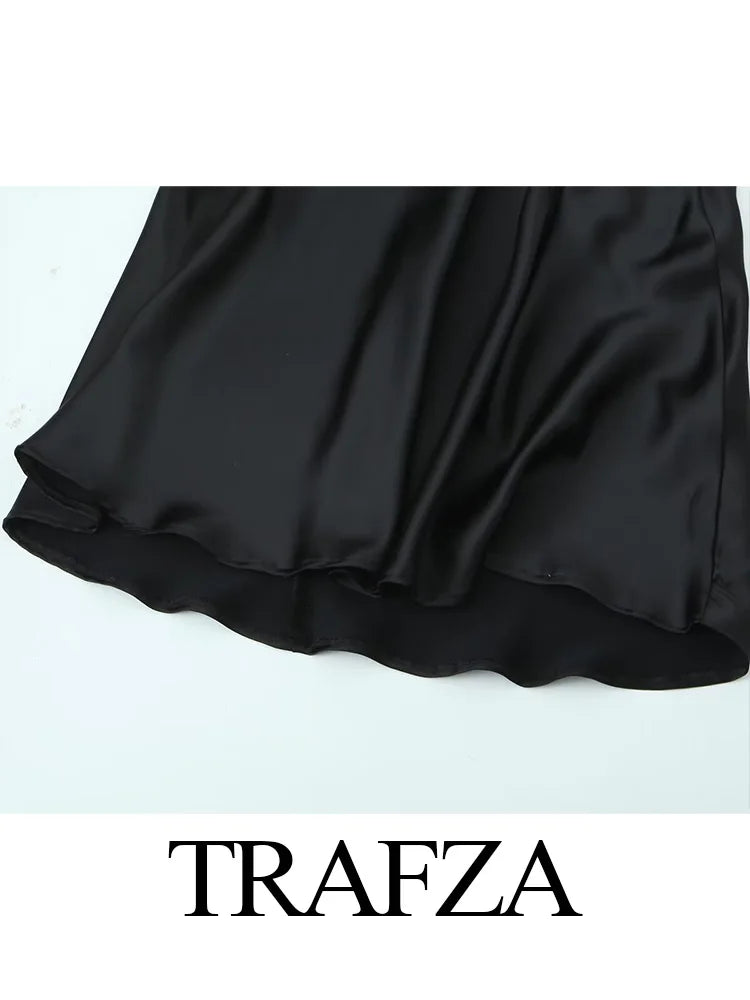 TRAFZA 2024 Women Fashion Backless Dresses Sexy Black Halter Tie Satin Long Dress Woman Bodycon Dresses New Ladies Luxury Party