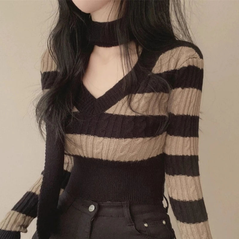 Elegant Scarf Collar and Cable Knit Long Sleeve Striped Skinny Sweater for Women