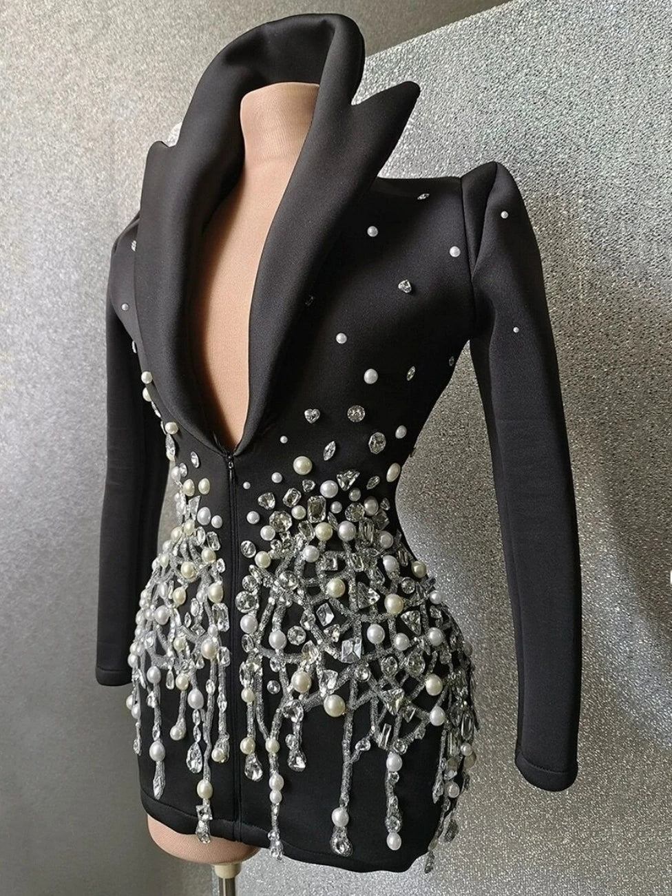 Sparkly Crystal Pearls Mini Dress Black Color  Fashion Suit Collar Birthday Evening Party Nightclub Dress Singer Dress