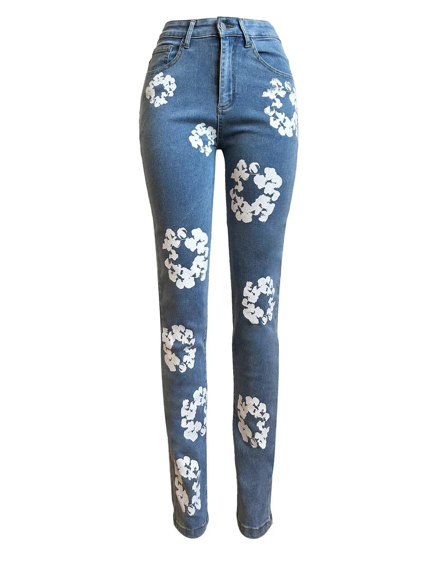 Floral Printed Women Jeans Zipper Fly High Waist Denim Pants 2024 Spring New Popular High Street Trousers Stretchy Bottom Pants