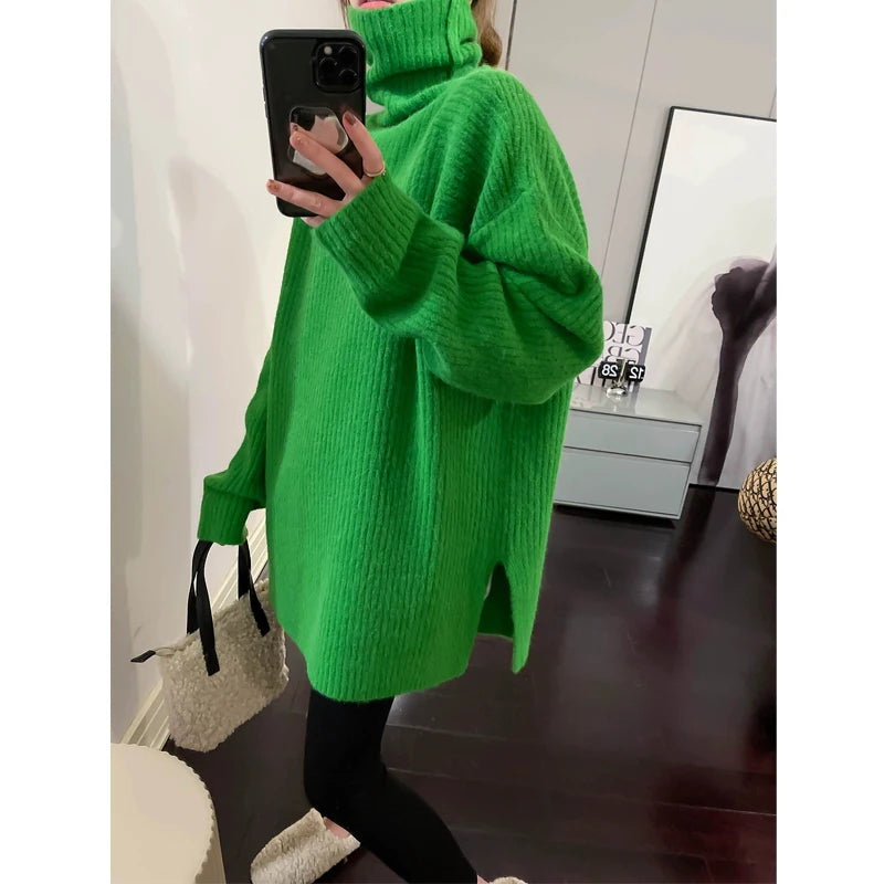 Women Simple Casual Oversized Turtleneck Knitted Sweater 2023 Autumn Winter Trendy Split Long Sleeve Pullover Tunic Tops Jumpers