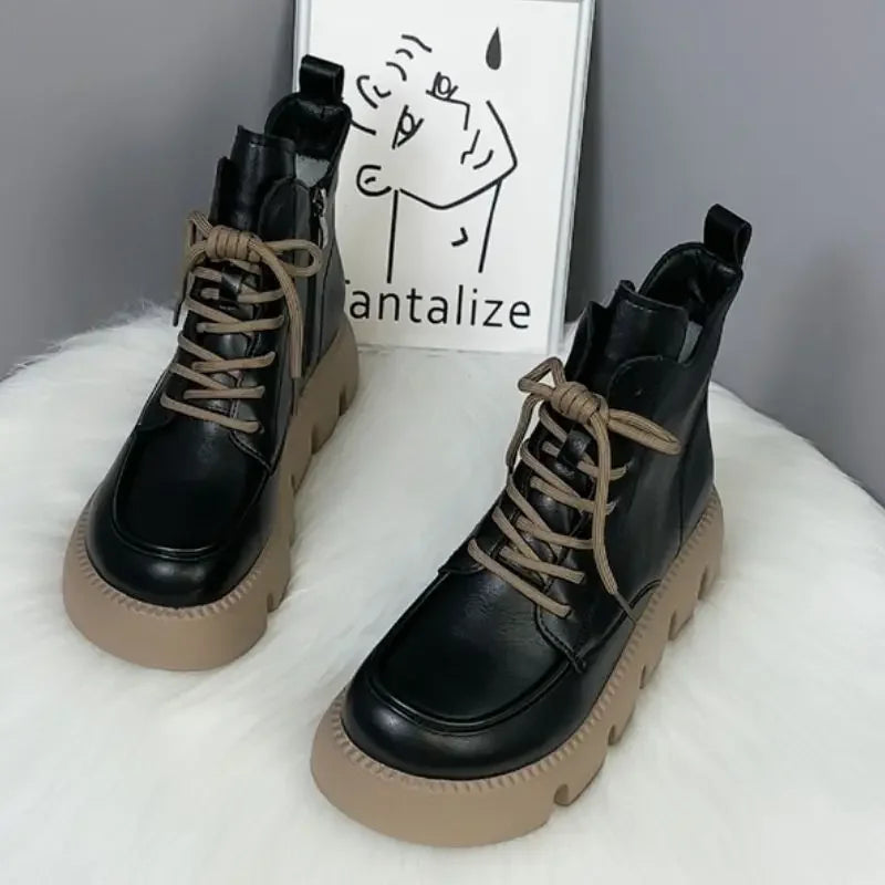 Platform Short Shoes for Women with Laces Footwear Punk Booties Black Combat Lace-up Female Ankle Boots Round Toe Leather Boot