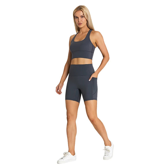 ABS LOLI Pockets Yoga Shorts Set Women Fitness Suit 2 Piece Sports Gym Wear Workout Clothes Running Sportswear Sport Outfit
