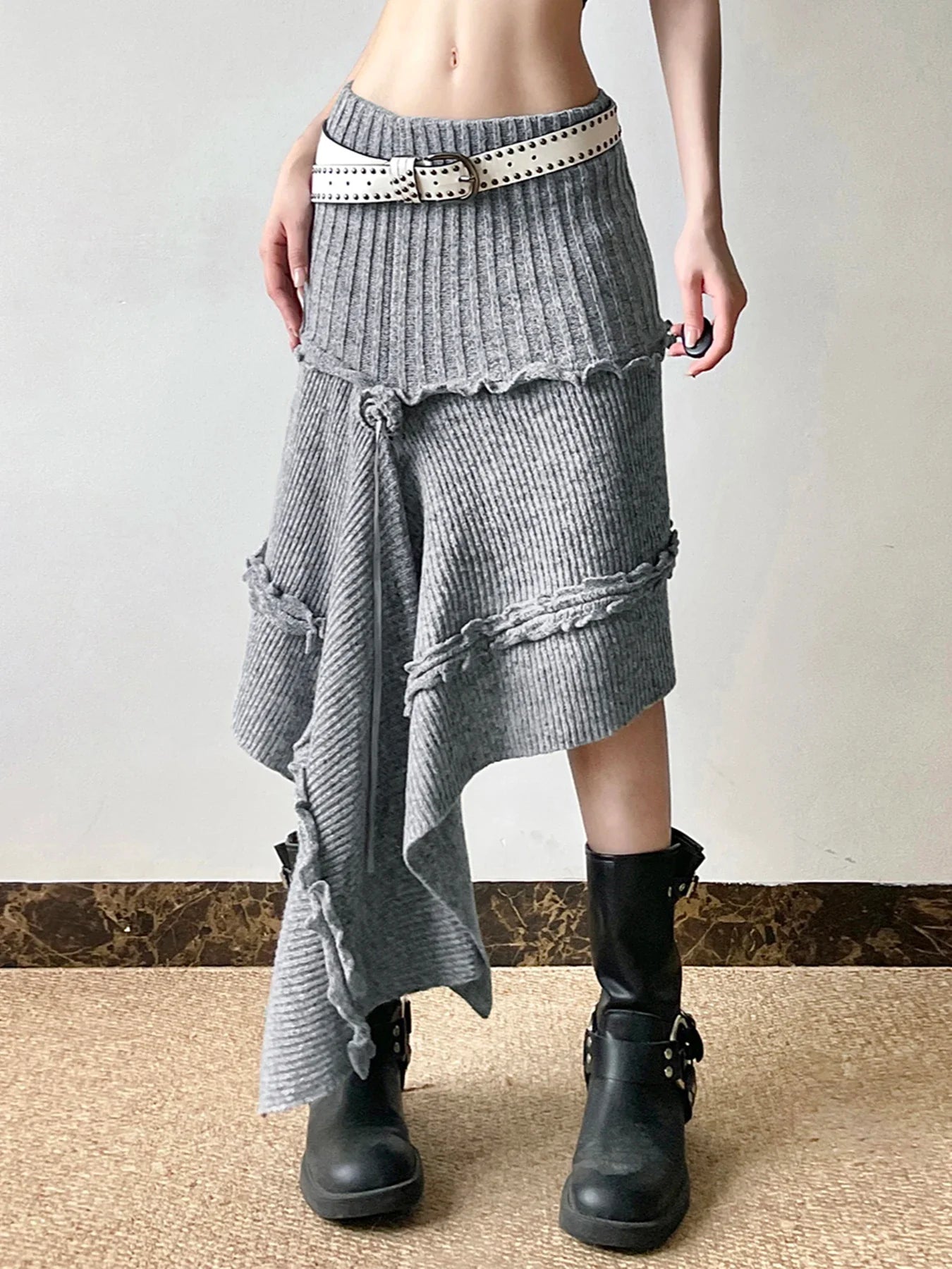 IAMSURE Grunge Style Casual Asymmetrical A-Line Skirt Solid Low-Waisted Knitted Midi Skirts Women 2024 Autumn Winter Fashion