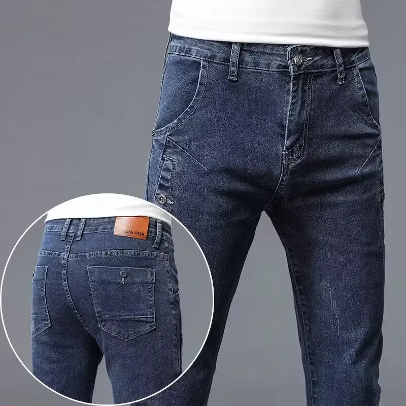 2024 New Men's Skinny Jeans Blue Gray Cotton Elasticity Straight Pencil Foot Slim Fit Fashionable Casual Denim Long Pants Male