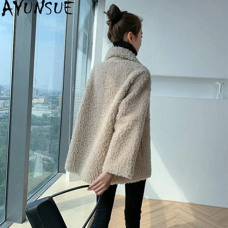 AYUNSUE Short Real Sheep Shearling Coat Female Winter 2021 Casual Korean Wool Jackets Women's Fur Coats Casaco Feminino Gxy431