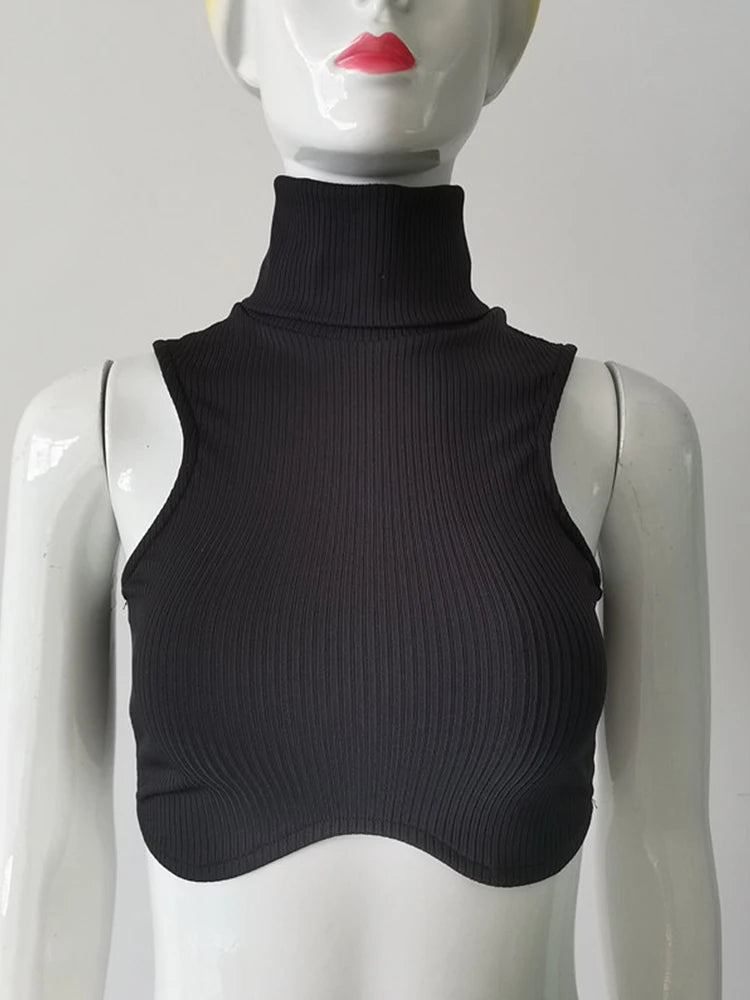 Y2k Black Knitting Turtleneck Crop Top Women Sexy Irregularity Skinny Elasticity Tank Top Fashion Club Top Streetwear