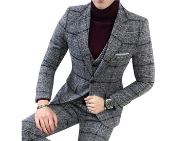 Men's Suit Plaid Jacket Vest & Pants Wedding Tuxedo Groom Business Tuxedos men suits wedding prom suits