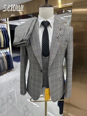 Decent Grid Pattern Groom Wear Hot Sale Elegant Suit Jacket Vest Pants Charming 2025 Handsome Successful Business Man Tuxedo Set