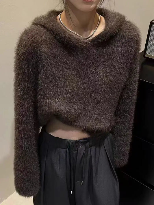 Gothic Chic Faux Mink Hooded Sweater Women Fluffy Soft Knit Hoodie Y2k Short Tops Streetwear Knit Pullover Long Sleeves Jumper