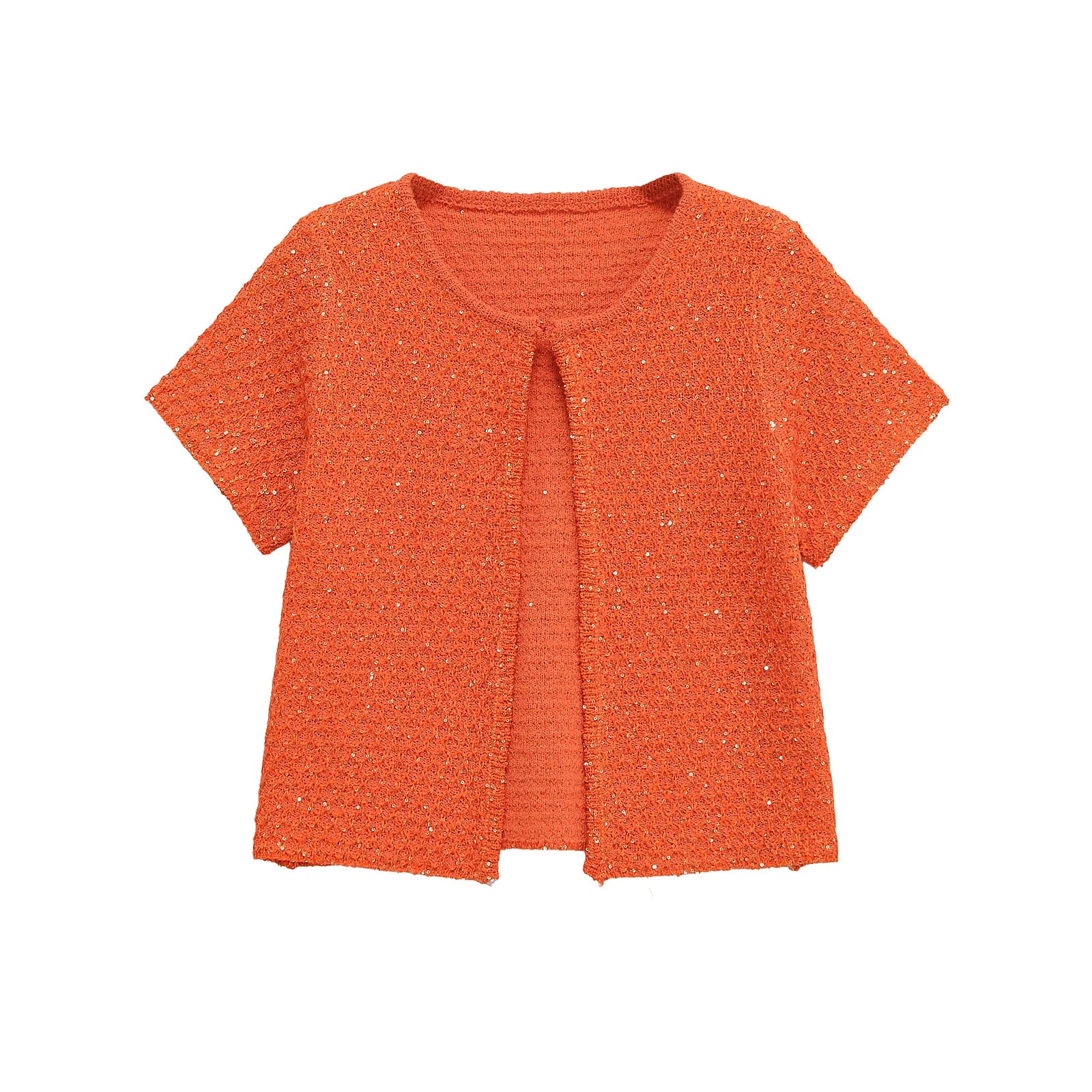 TRAFSHE Women's Fashion Summer Orange Knitwear Short Sleeve O-Neck One Button Sweater Top Knit Sequins Cardigan Women 9598092